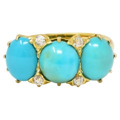 Victorian Turquoise Diamond 18 Karat Yellow Gold Antique Three Stone Band Ring