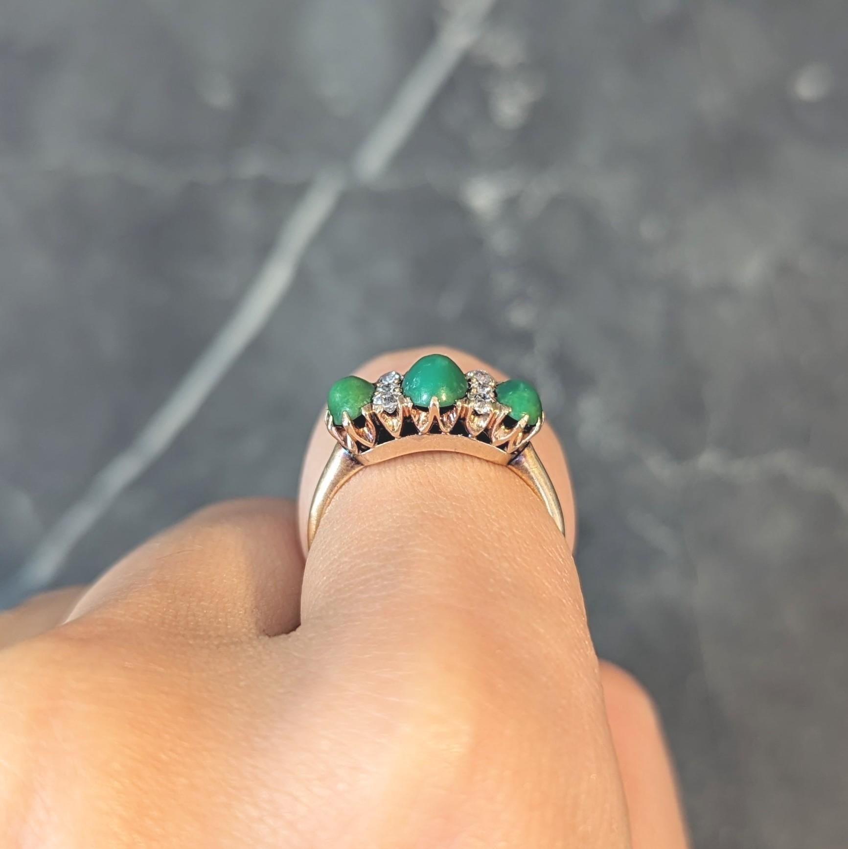 Victorian Turquoise Diamond 18 Karat Yellow Gold Antique Three Stone Ring 6