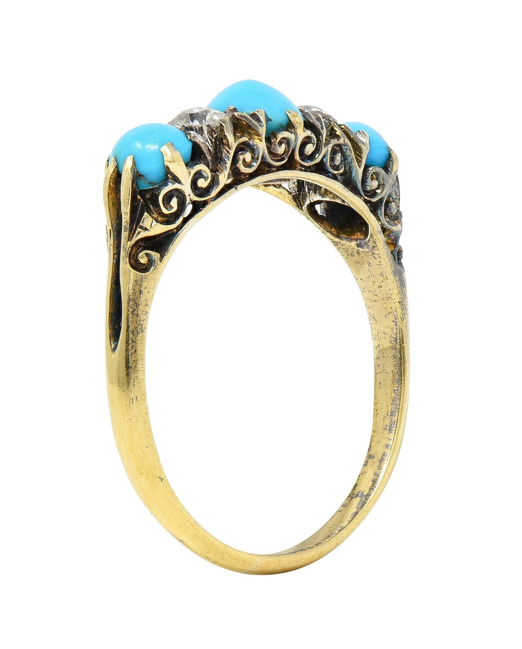 Victorian Turquoise Diamond 18 Karat Yellow Gold Scrolling Antique Band Ring 5