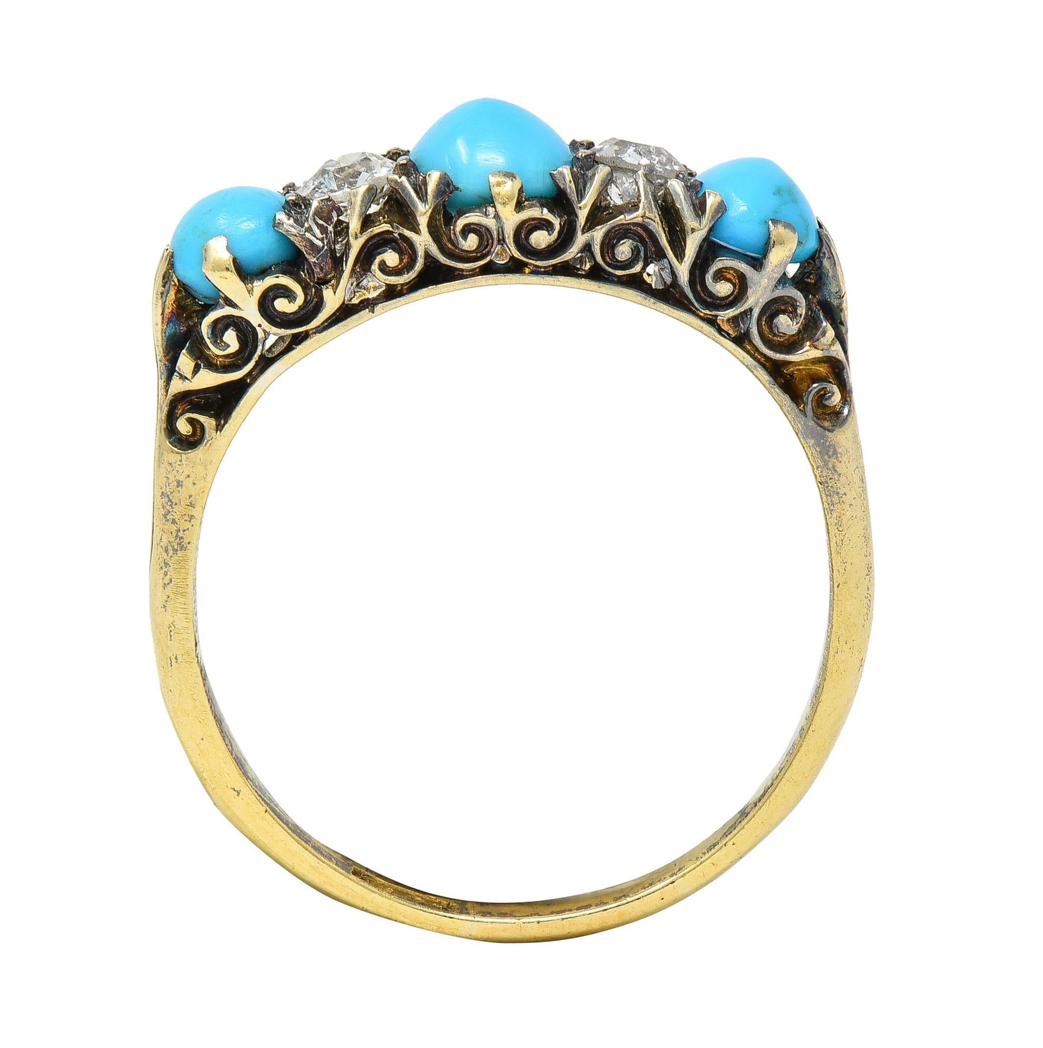 Victorian Turquoise Diamond 18 Karat Yellow Gold Scrolling Antique Band Ring 6