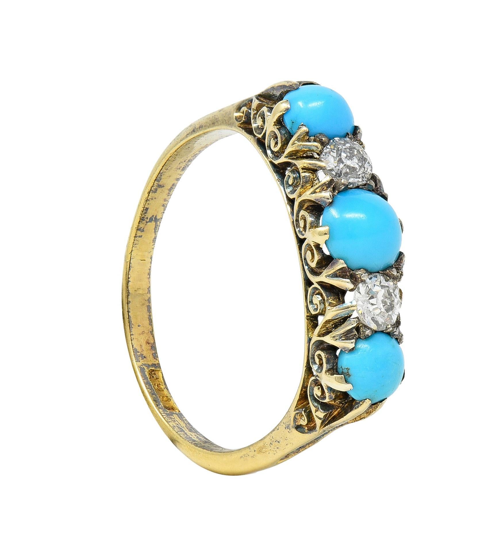Victorian Turquoise Diamond 18 Karat Yellow Gold Scrolling Antique Band Ring 7