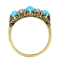 Victorian Turquoise Diamond 18 Karat Yellow Gold Scrolling Antique Band Ring