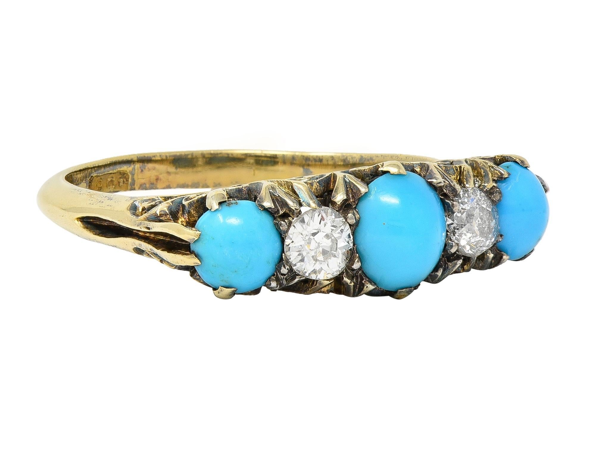 Cabochon Victorian Turquoise Diamond 18 Karat Yellow Gold Scrolling Antique Band Ring