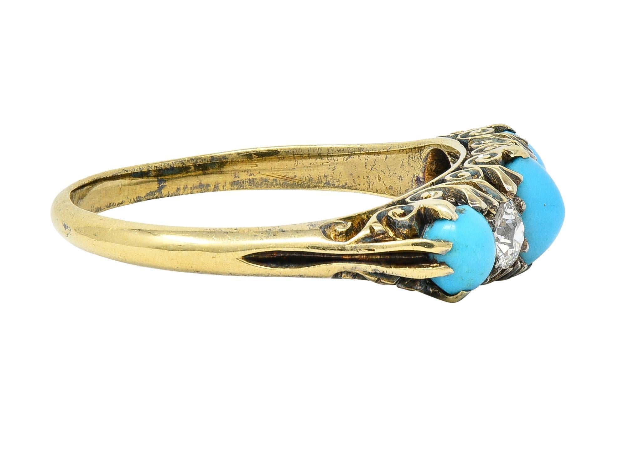 Victorian Turquoise Diamond 18 Karat Yellow Gold Scrolling Antique Band Ring In Excellent Condition In Philadelphia, PA