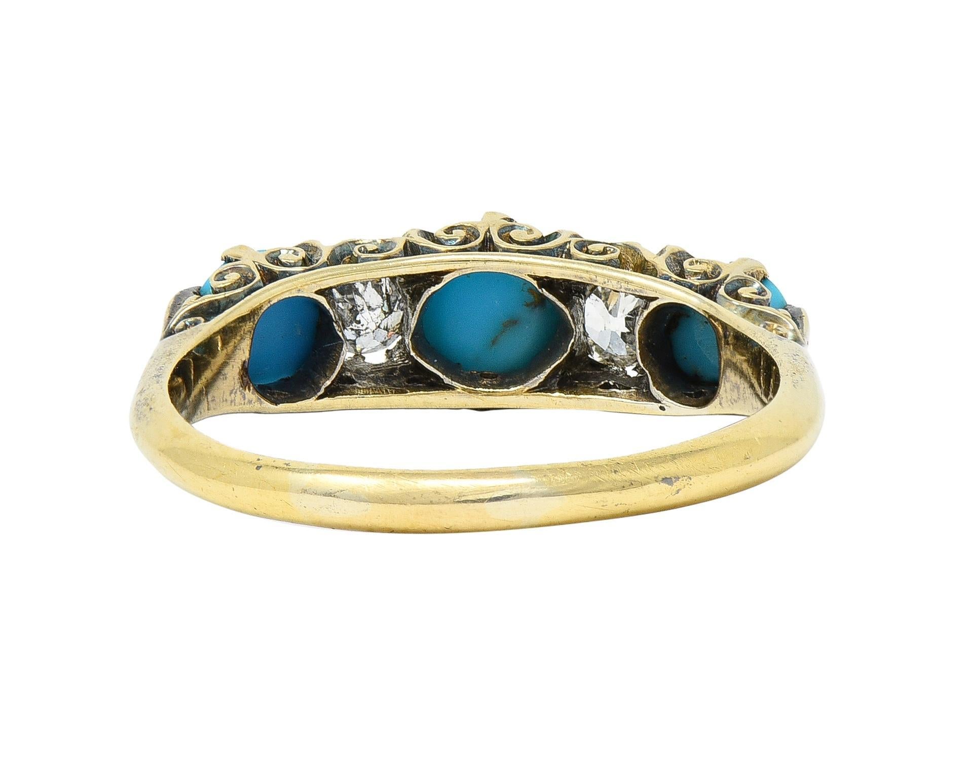 Women's or Men's Victorian Turquoise Diamond 18 Karat Yellow Gold Scrolling Antique Band Ring