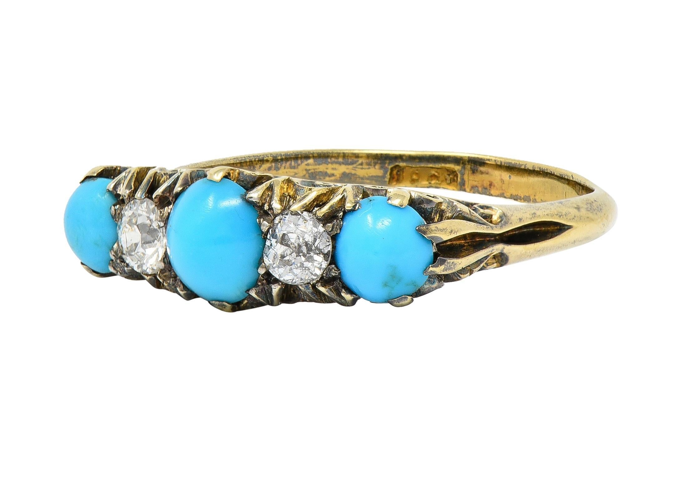 Victorian Turquoise Diamond 18 Karat Yellow Gold Scrolling Antique Band Ring 2