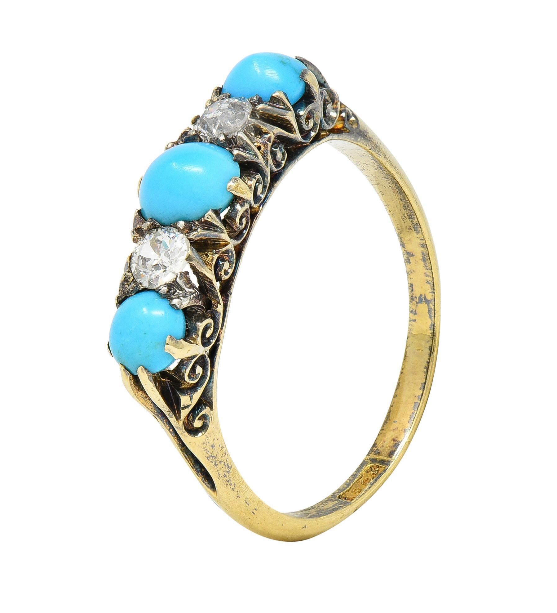 Victorian Turquoise Diamond 18 Karat Yellow Gold Scrolling Antique Band Ring 4