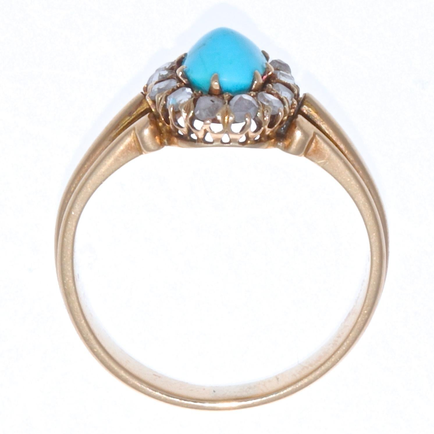 Cabochon Victorian Turquoise Diamond 18 Karat Gold Cluster Ring