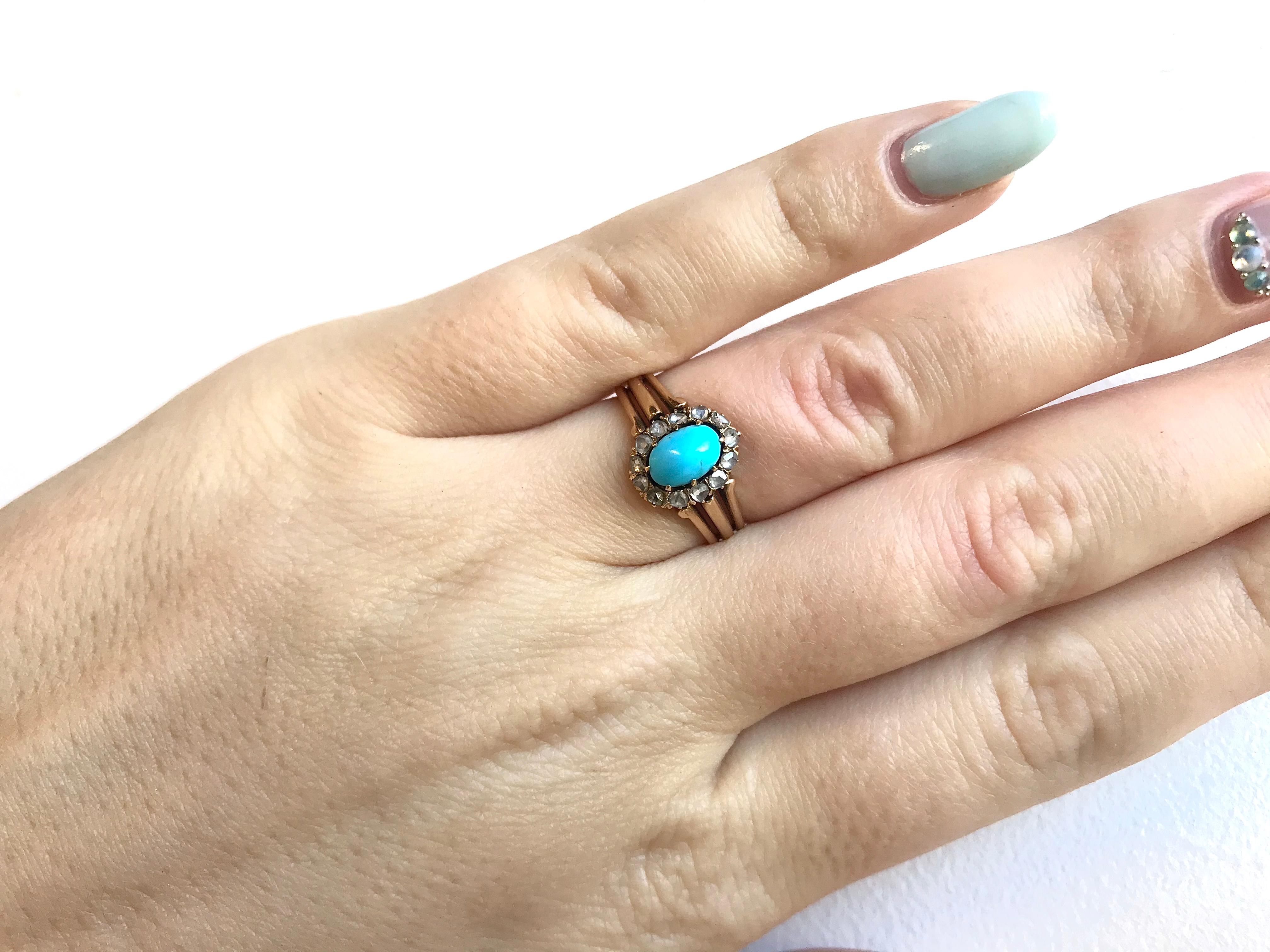 Women's Victorian Turquoise Diamond 18 Karat Gold Cluster Ring