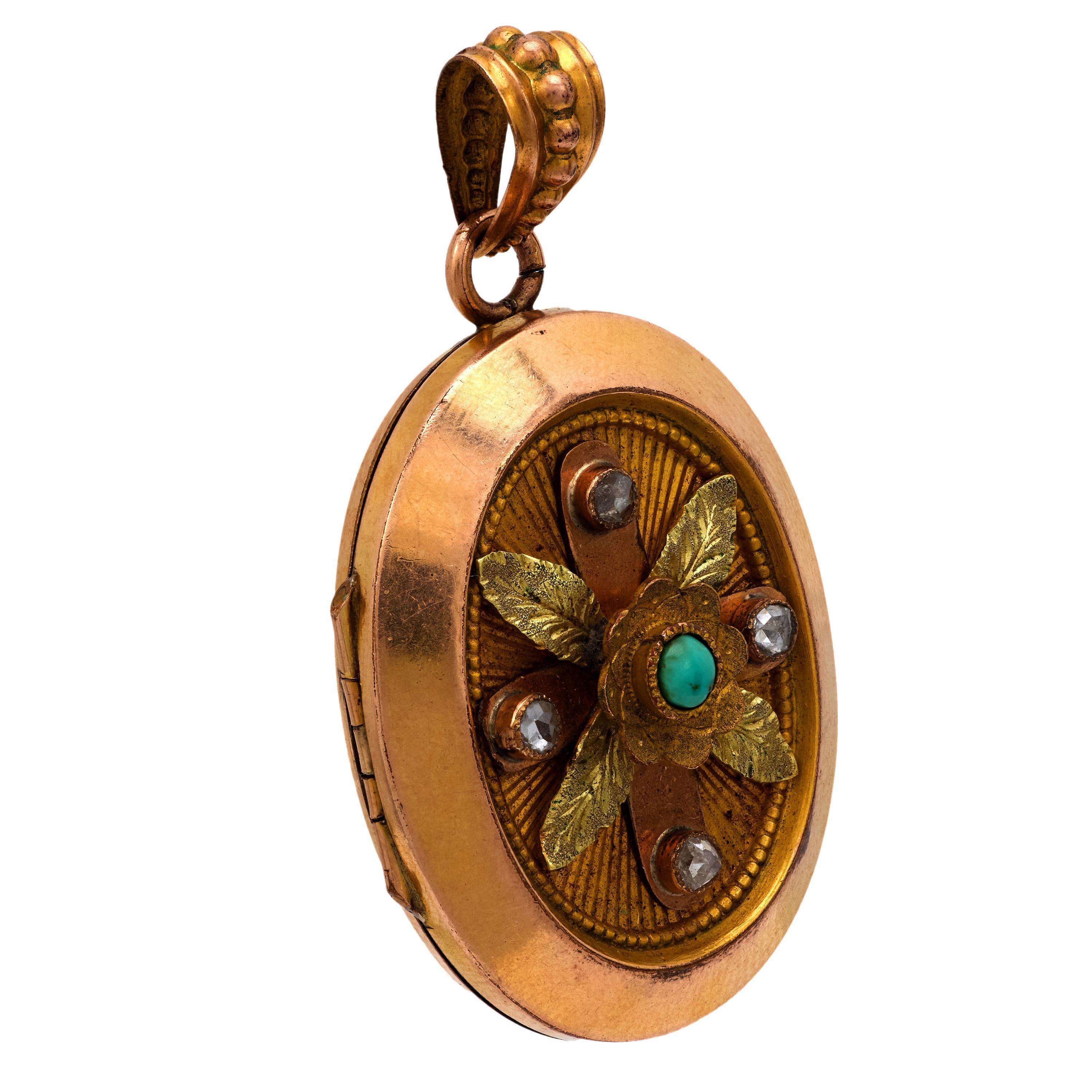 Cabochon Victorian turquoise diamond 18k yellow and rose gold locket pendant For Sale