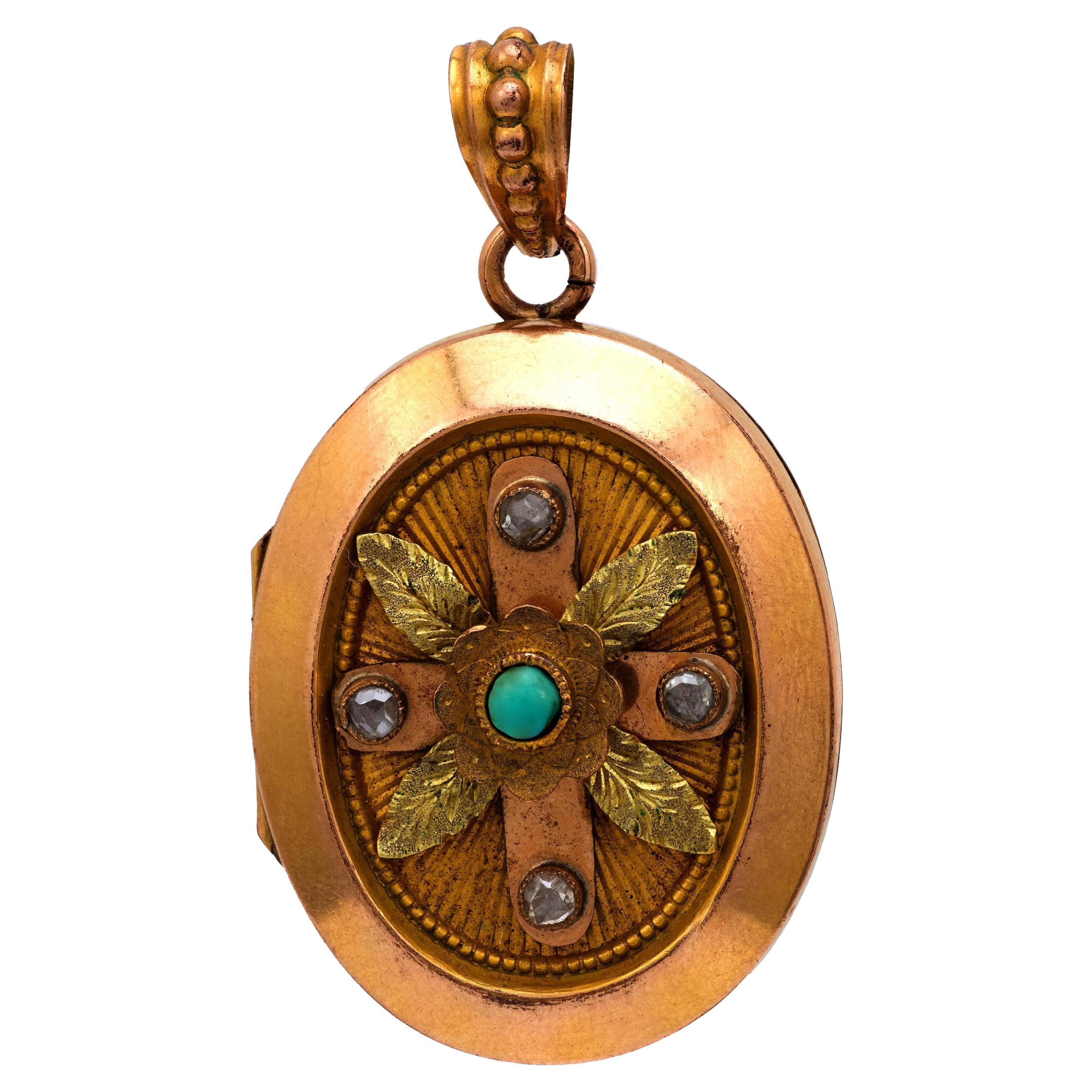 Victorian turquoise diamond 18k yellow and rose gold locket pendant