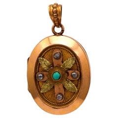 Victorian turquoise diamond 18k yellow and rose gold locket pendant