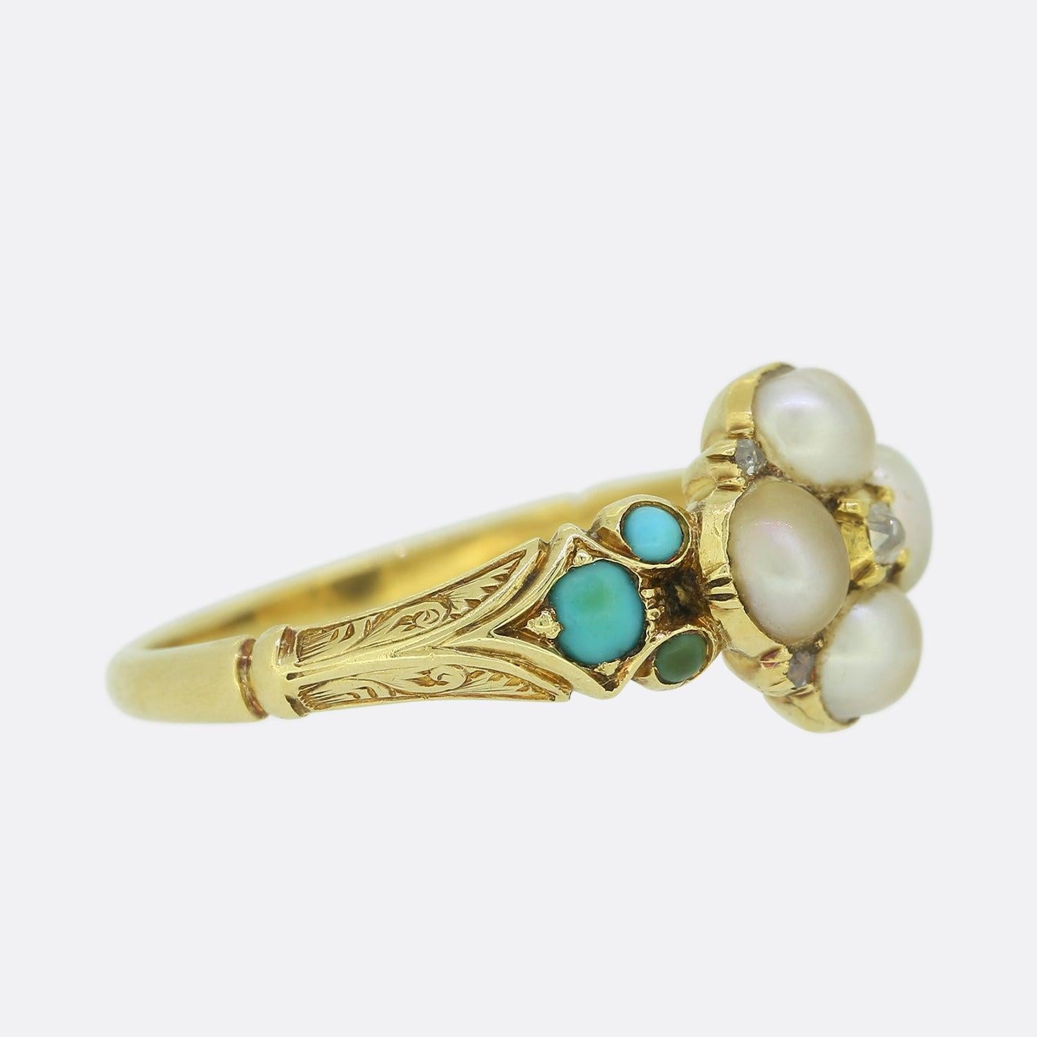Old Mine Cut Victorian Turquoise, Diamond and Pearl Cluster Ring