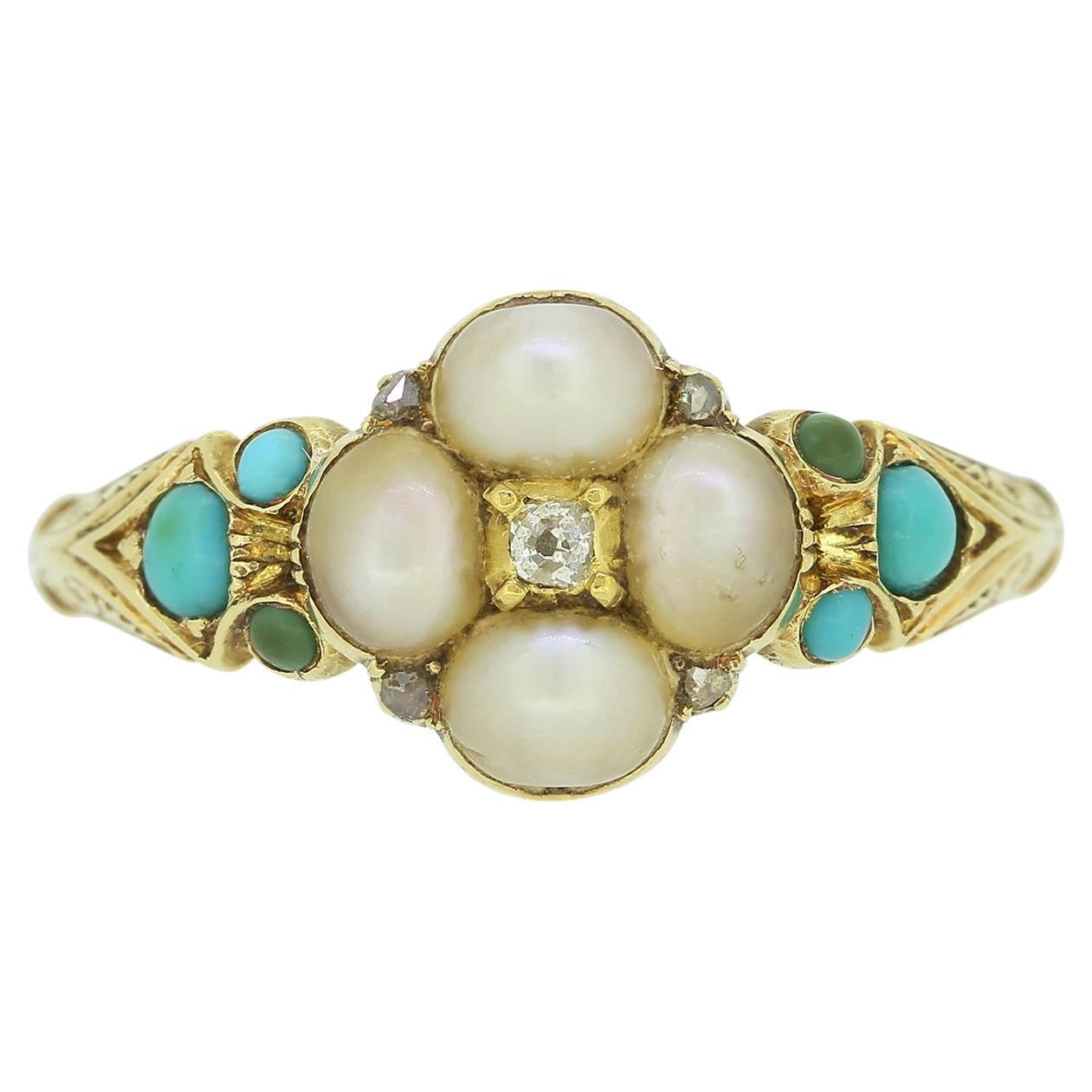Victorian Turquoise, Diamond and Pearl Cluster Ring