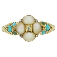 Victorian Turquoise, Diamond and Pearl Cluster Ring