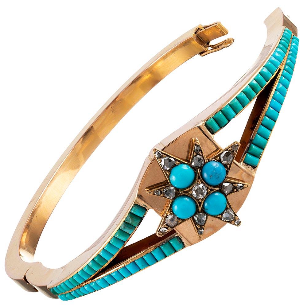 A gorgeous example of Victorian finery, this handsomely appointed bracelet is rendered in 18 karat rose gold and decorated with an artful display of turquoise and rose cut diamonds. The pop of color is lovely and distinct! The interior diameter is