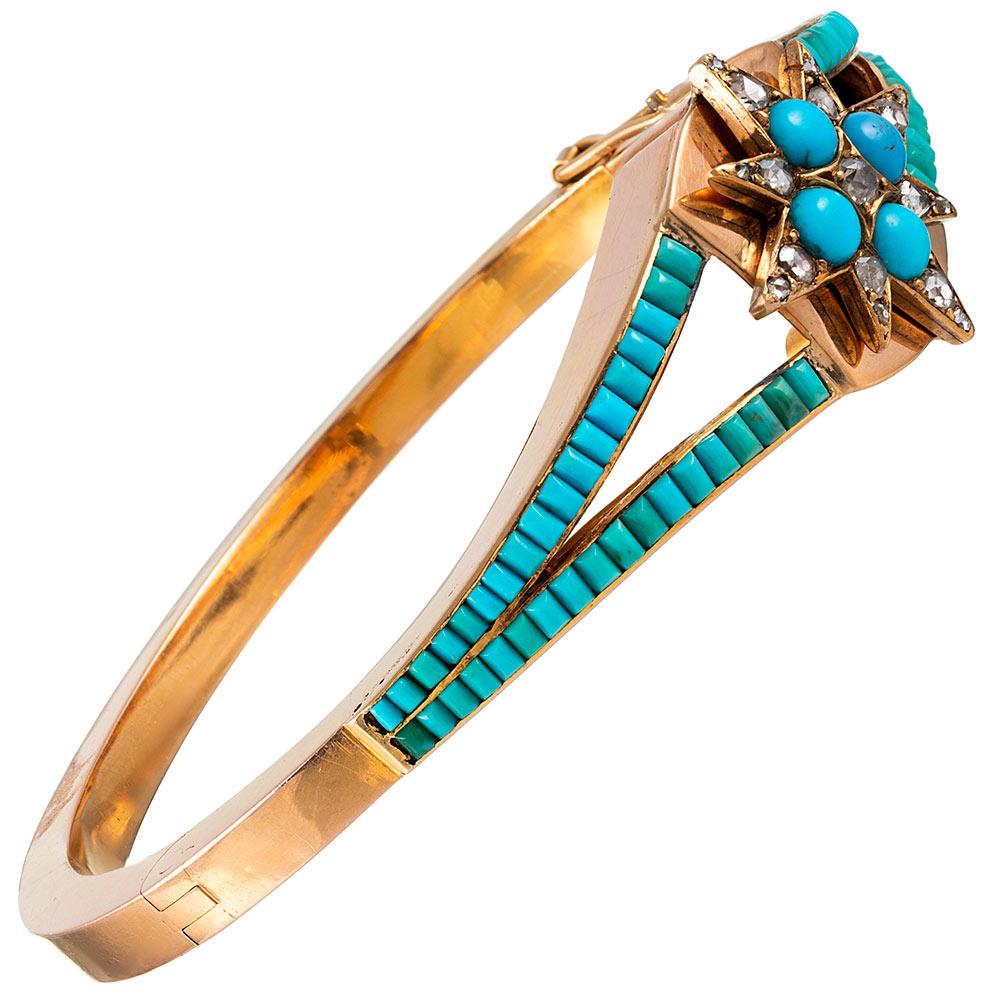 Taille mixte Bracelet victorien en turquoise et diamant avec motif en étoile en vente