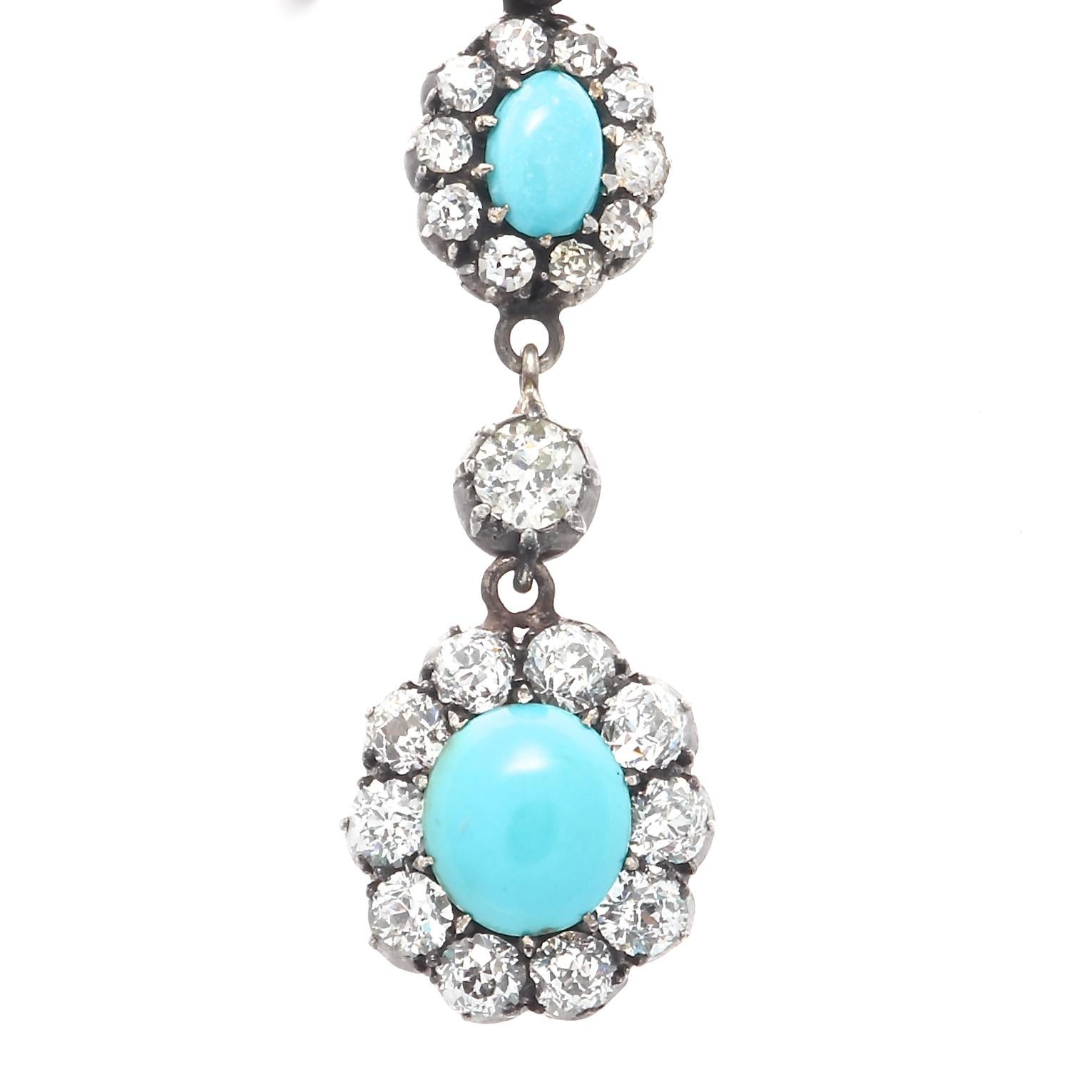 Victorian Turquoise Diamond Gold Silver Cluster Drop Earrings In Excellent Condition In Beverly Hills, CA