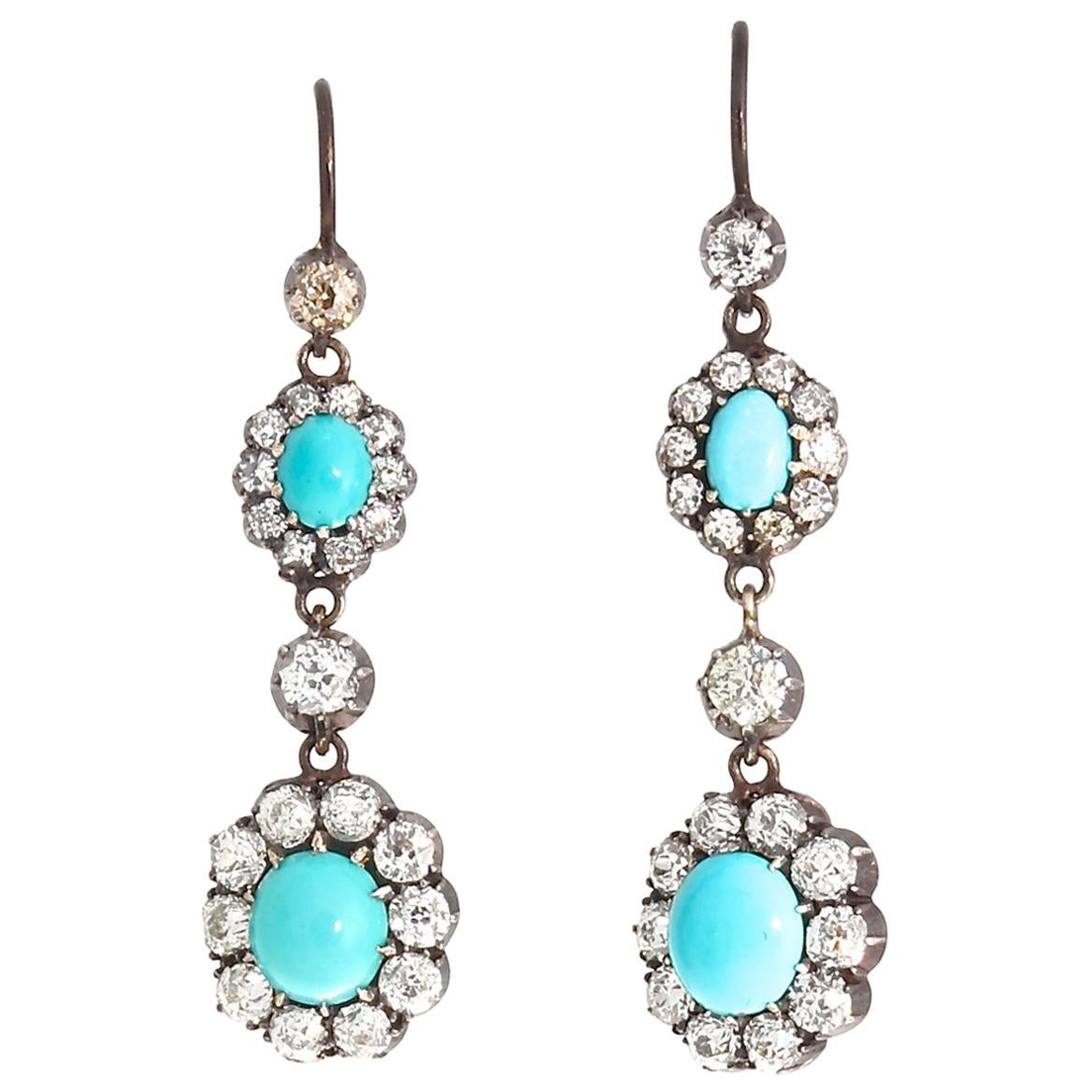 Victorian Turquoise Diamond Gold Silver Cluster Drop Earrings