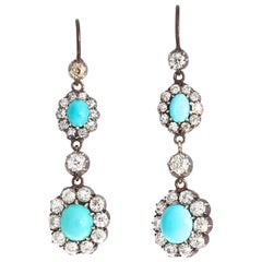 Antique Victorian Turquoise Diamond Gold Silver Cluster Drop Earrings