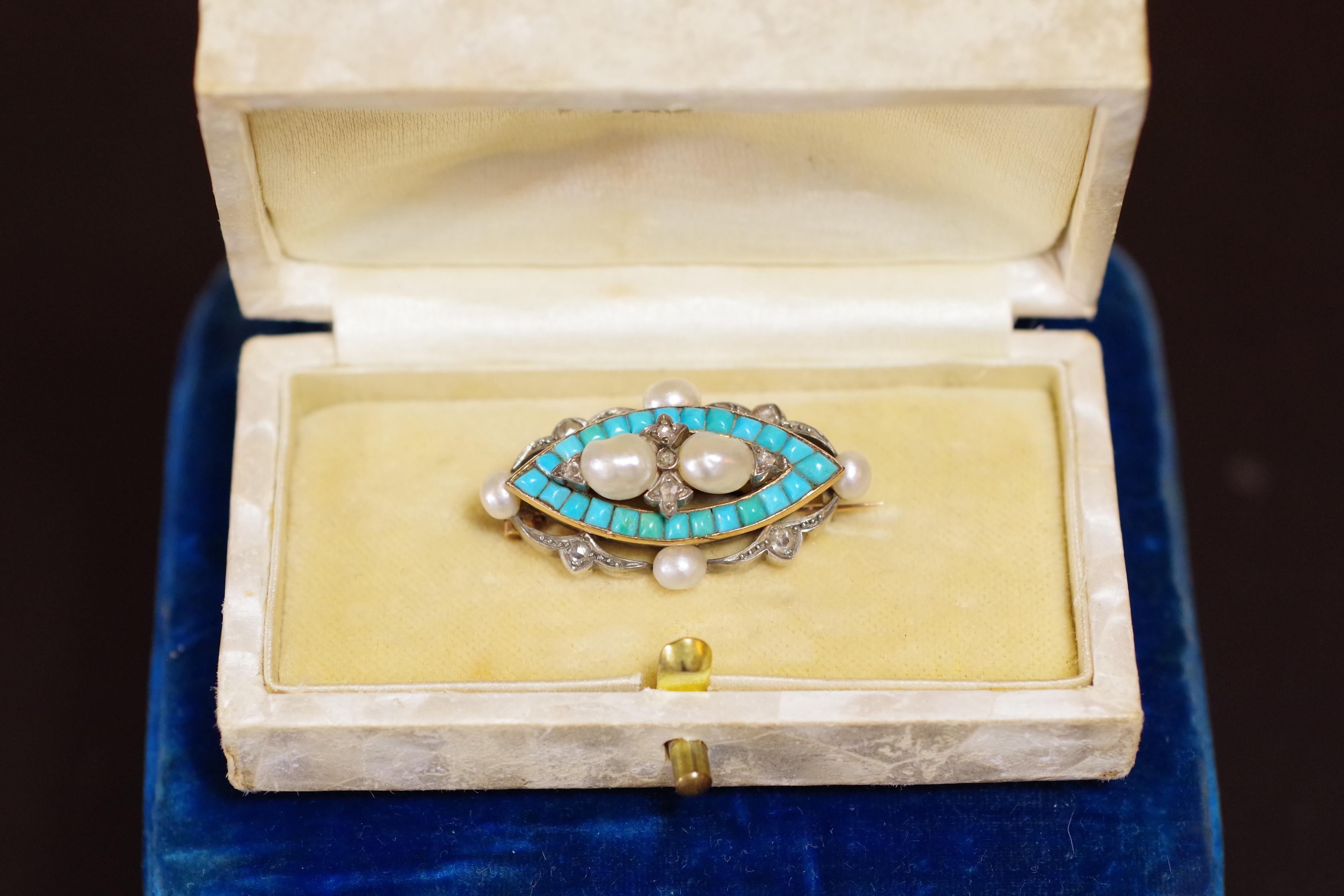 Victorian Turquoise Diamond Pearl Brooch in Gold and Silver In Fair Condition In PARIS, FR