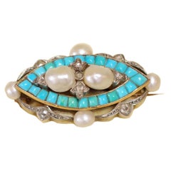 Victorian Turquoise Diamond Pearl Brooch in Gold and Silver