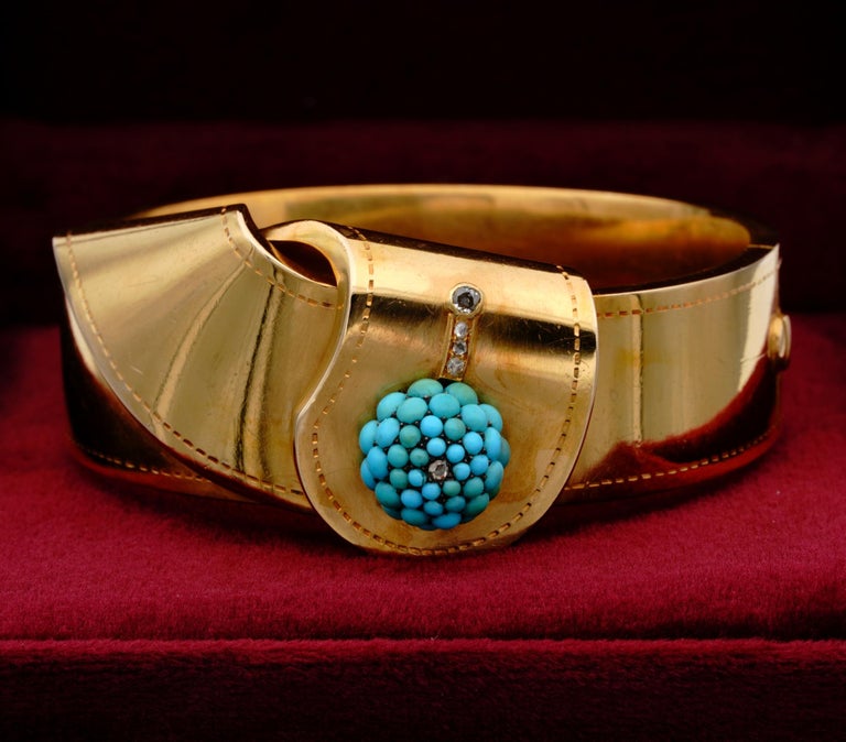 Victorian Turquoise Diamond Rare 18 Karat Heavy Gold Garter Bangle For
