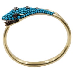 Antique Victorian Turquoise, Diamond, Ruby and Diamond Cut Gold Snake Bangle