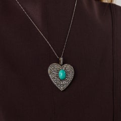 Victorian turquoise diamond silver heart pendant necklace