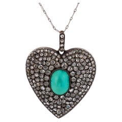 Victorian turquoise diamond silver heart pendant necklace