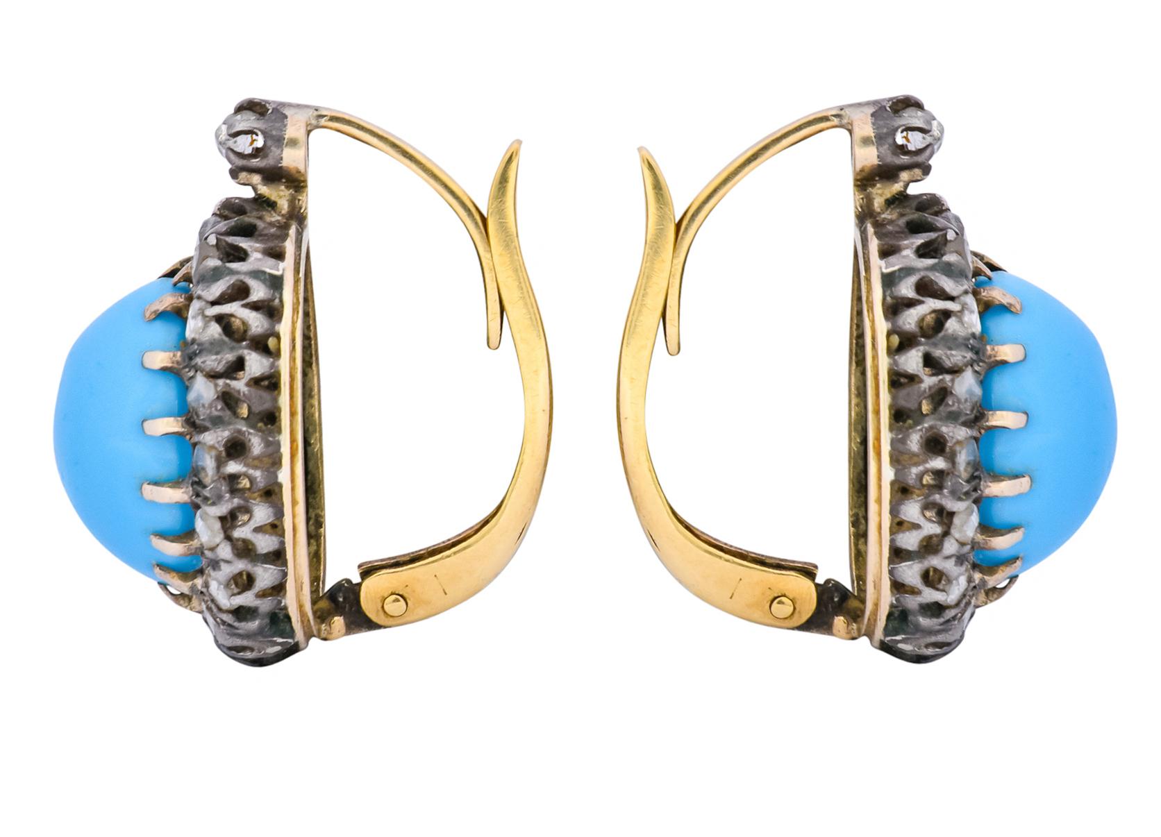 Women's Victorian Turquoise Diamond Silver-Topped 14 Karat Gold Cluster Earrings