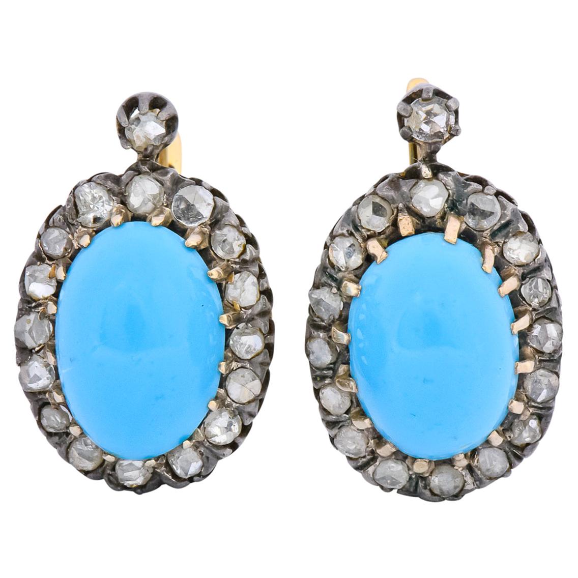 Victorian Turquoise Diamond Silver-Topped 14 Karat Gold Cluster Earrings