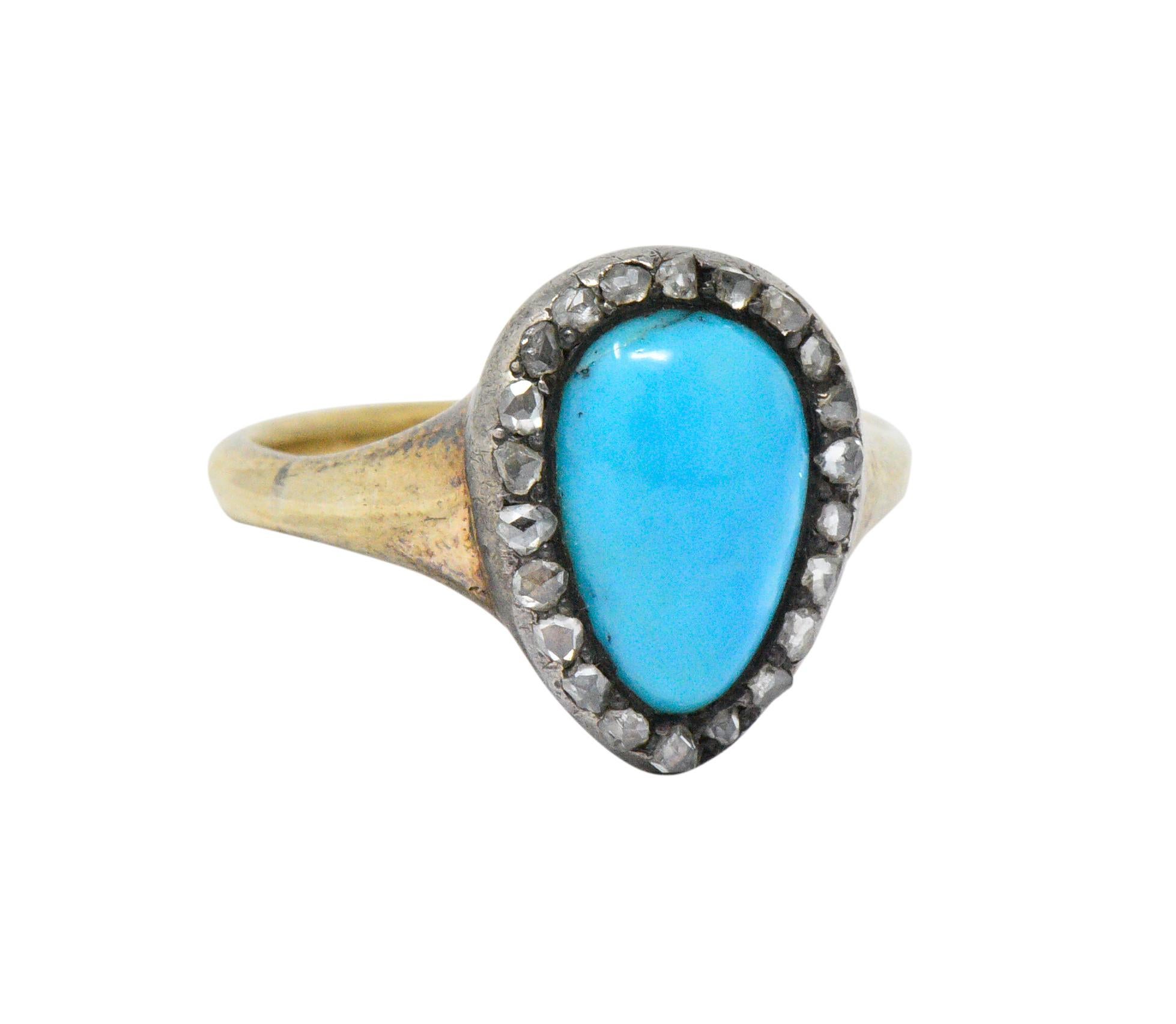 Women's or Men's Victorian Turquoise Diamond Silver-Topped 14 Karat Gold Ring