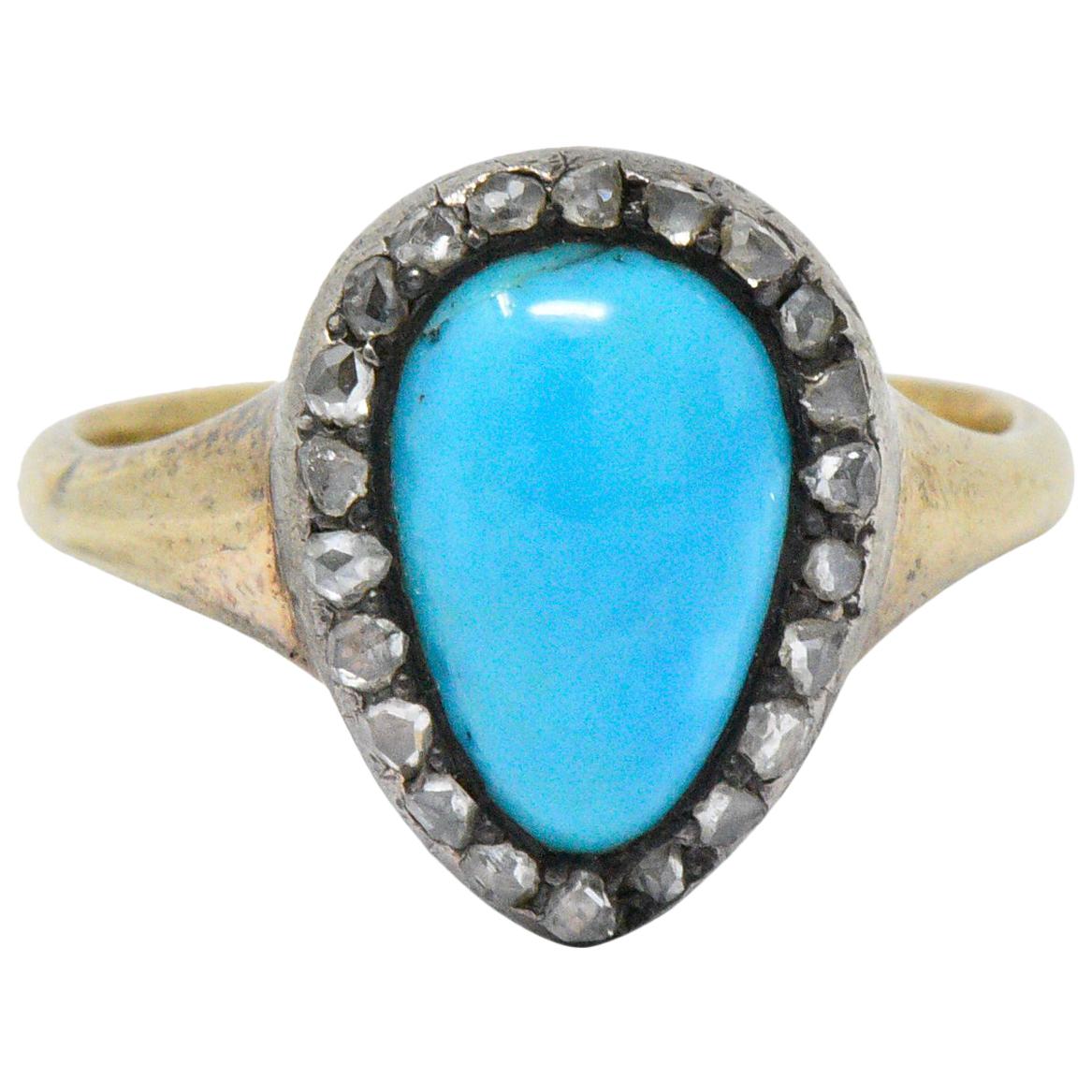 Victorian Turquoise Diamond Silver-Topped 14 Karat Gold Ring