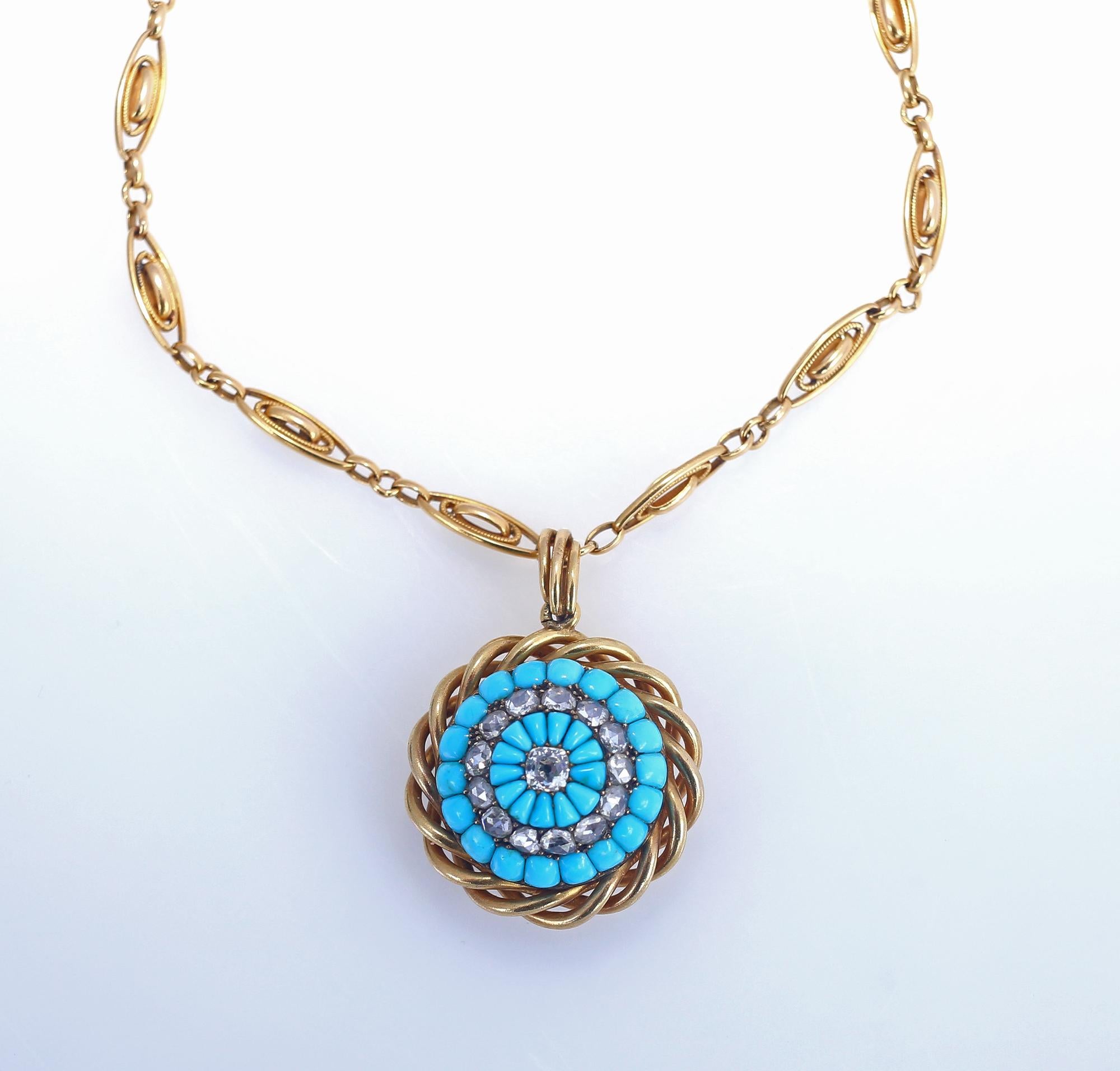 Round Cut Victorian Turquoise Diamonds Gold Pendant Chain, 1900