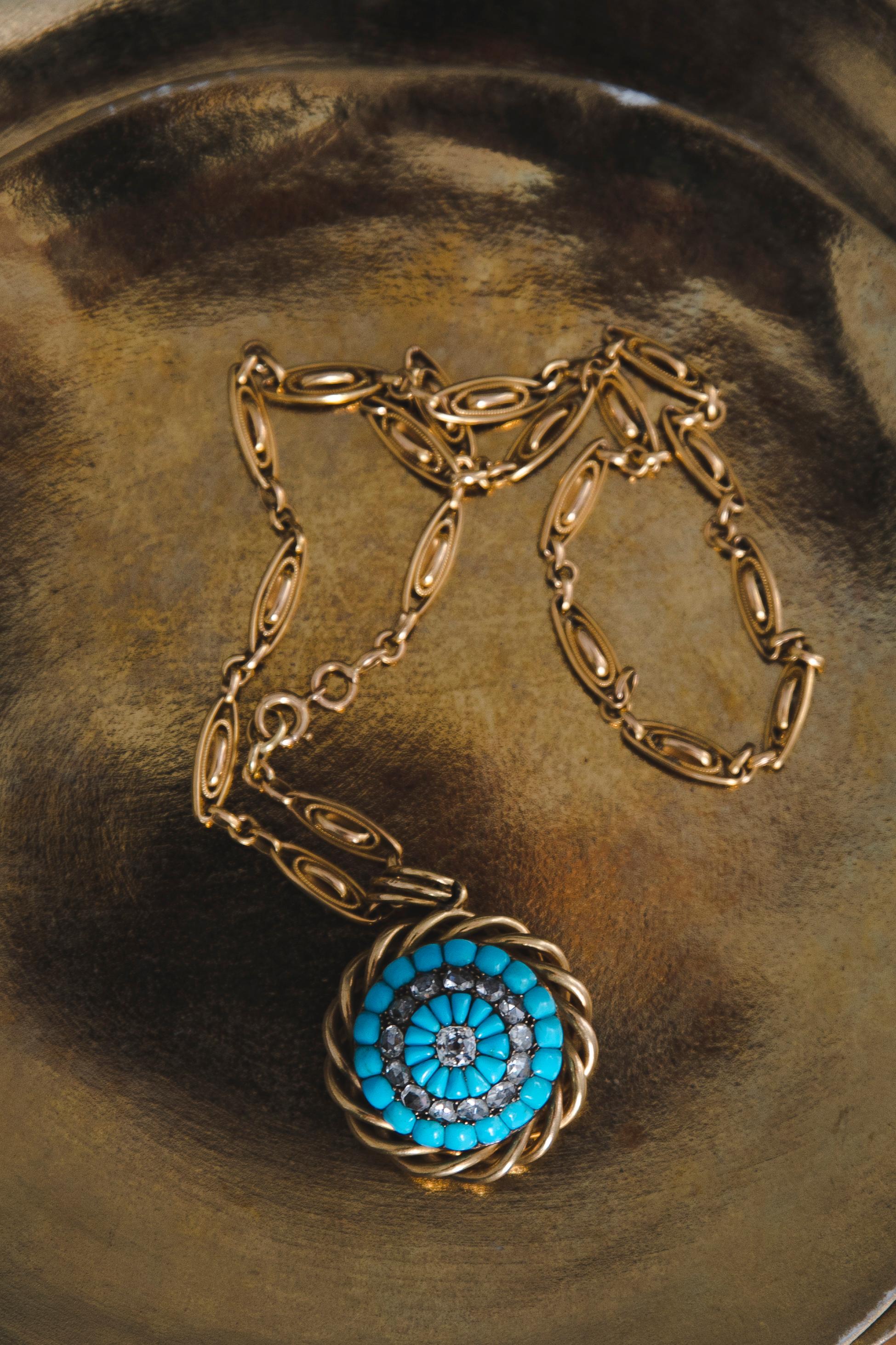 Victorian Turquoise Diamonds Gold Pendant Chain, 1900 1