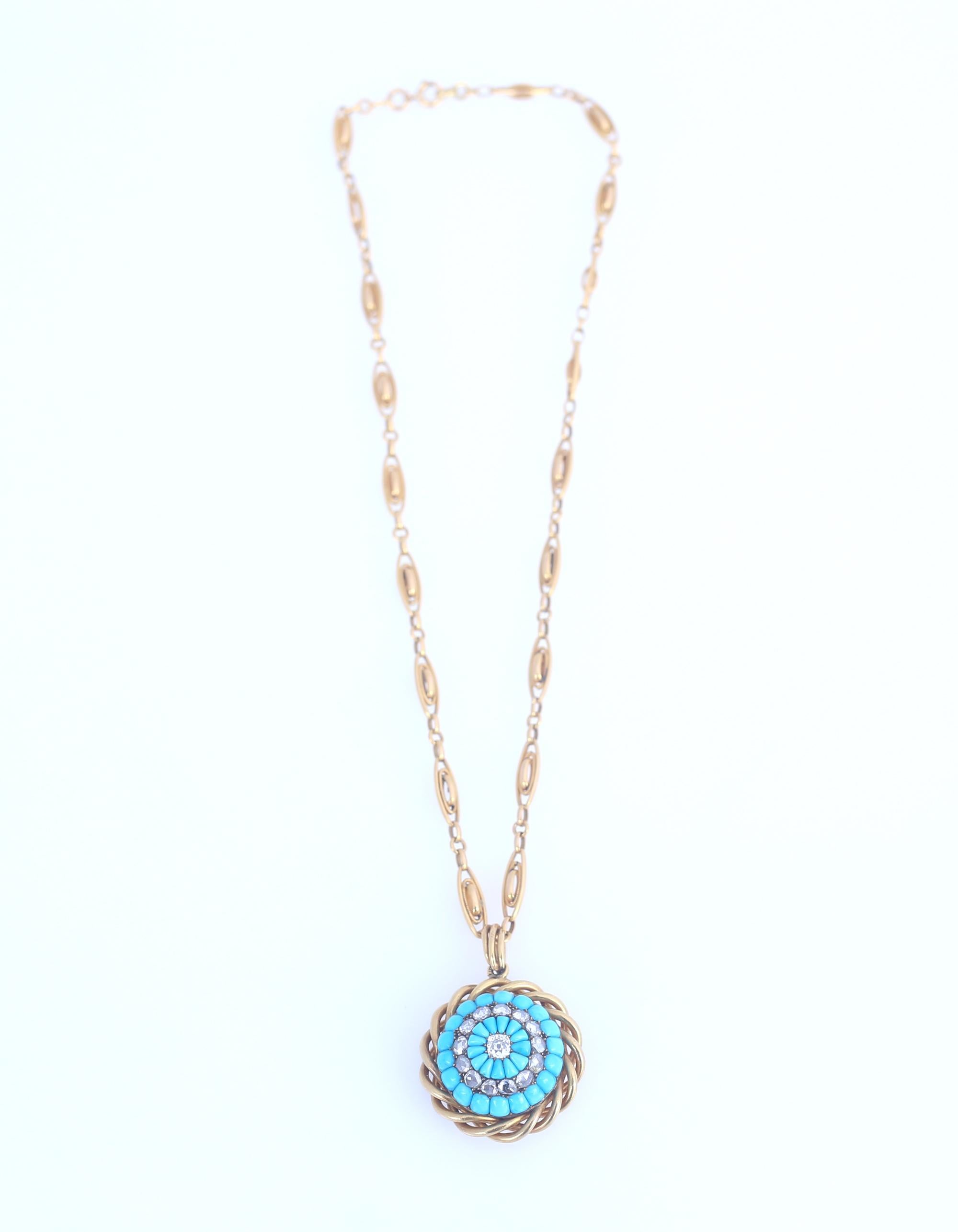 Victorian Turquoise Diamonds Gold Pendant Chain, 1900 3
