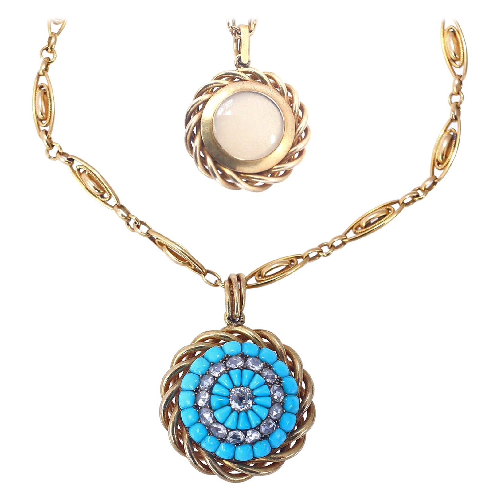 Catena vittoriana con ciondolo in oro e diamanti turchesi, 1900