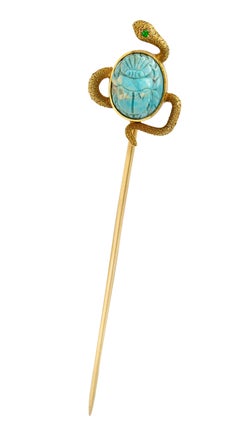 Victorian Turquoise Emerald 14 Karat Yellow Gold Scarab Snake Antique Stickpin