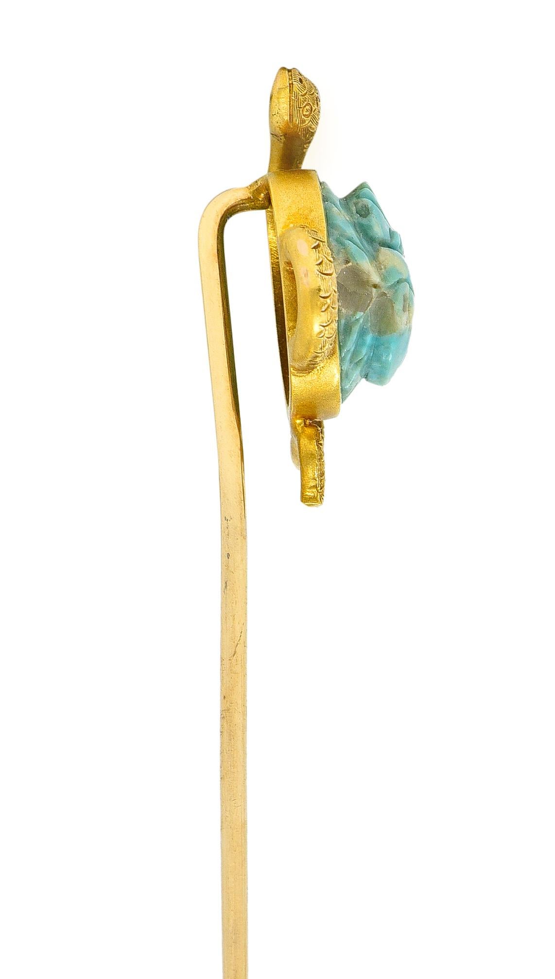 Cabochon Victorian Turquoise Emerald 14 Karat Yellow Gold Scarab Snake Antique Stickpin