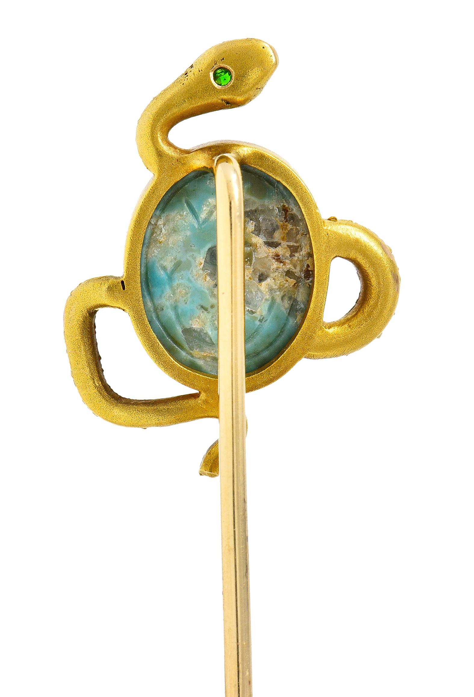 Victorian Turquoise Emerald 14 Karat Yellow Gold Scarab Snake Antique Stickpin In Excellent Condition In Philadelphia, PA