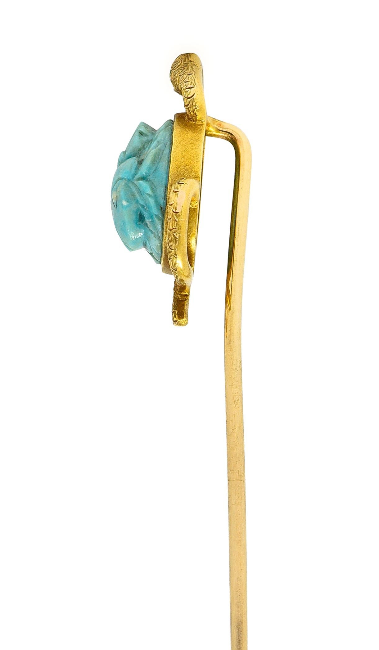 Women's or Men's Victorian Turquoise Emerald 14 Karat Yellow Gold Scarab Snake Antique Stickpin