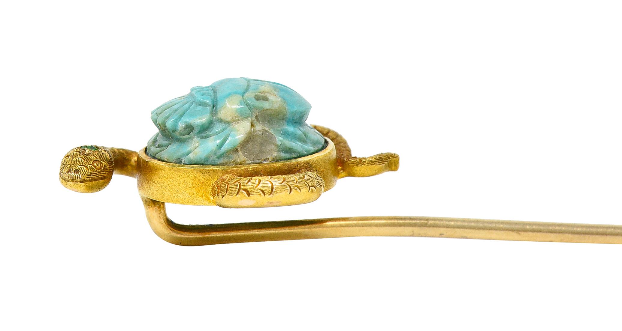 Victorian Turquoise Emerald 14 Karat Yellow Gold Scarab Snake Antique Stickpin 1