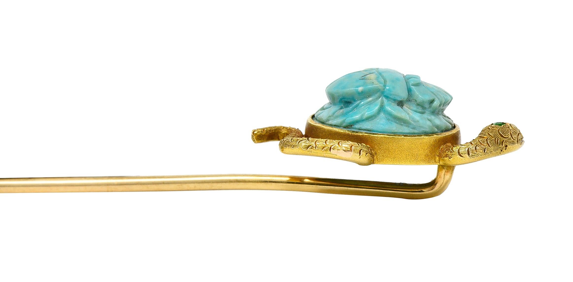 Victorian Turquoise Emerald 14 Karat Yellow Gold Scarab Snake Antique Stickpin 2