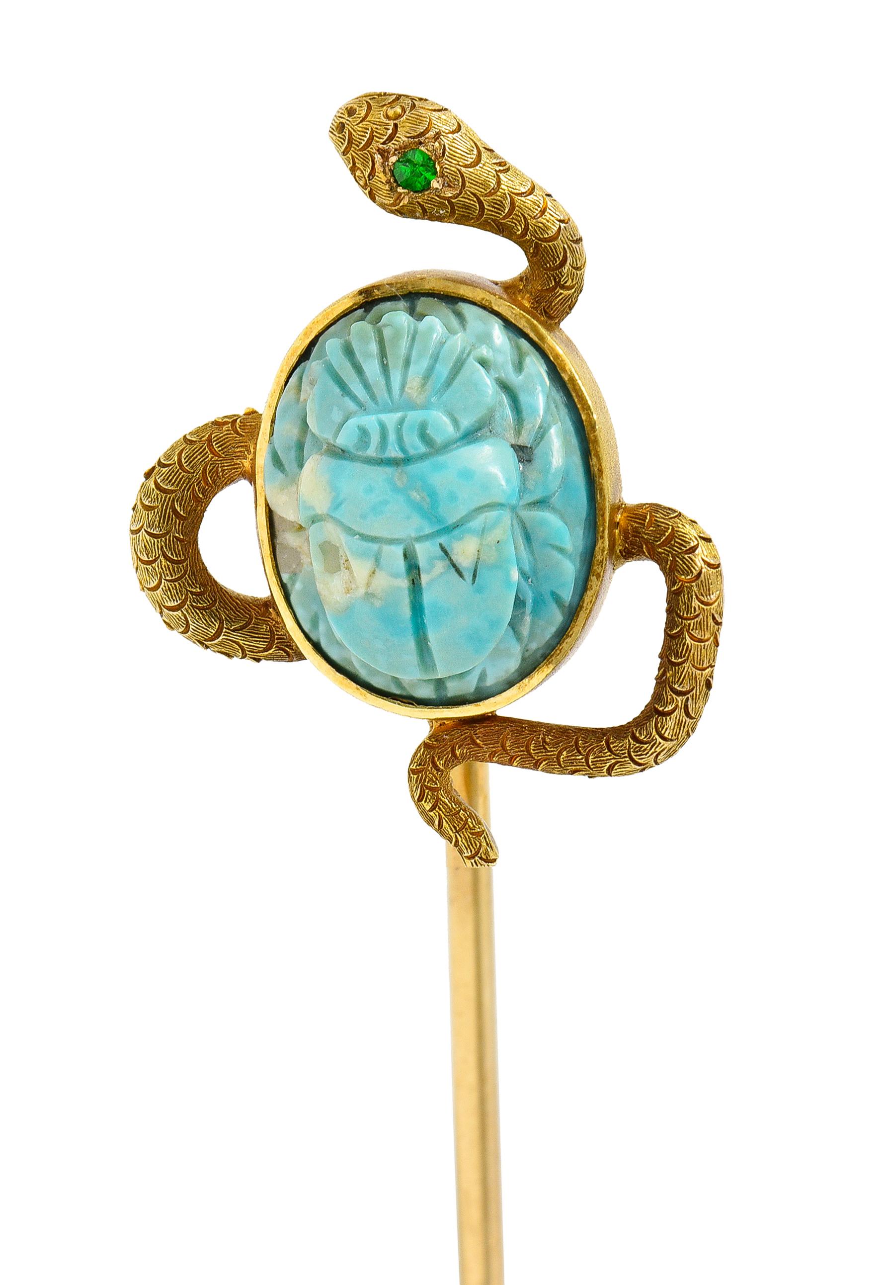 Victorian Turquoise Emerald 14 Karat Yellow Gold Scarab Snake Antique Stickpin 3