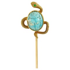 Victorian Turquoise Emerald 14 Karat Yellow Gold Scarab Snake Antique Stickpin