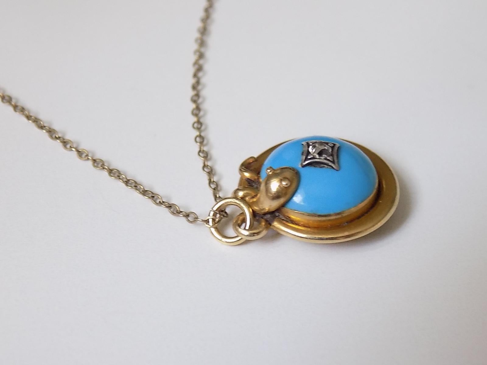 Victorian Turquoise Enamel Diamond Serpent Snake Locket Pendant Necklace In Good Condition In Boston, Lincolnshire