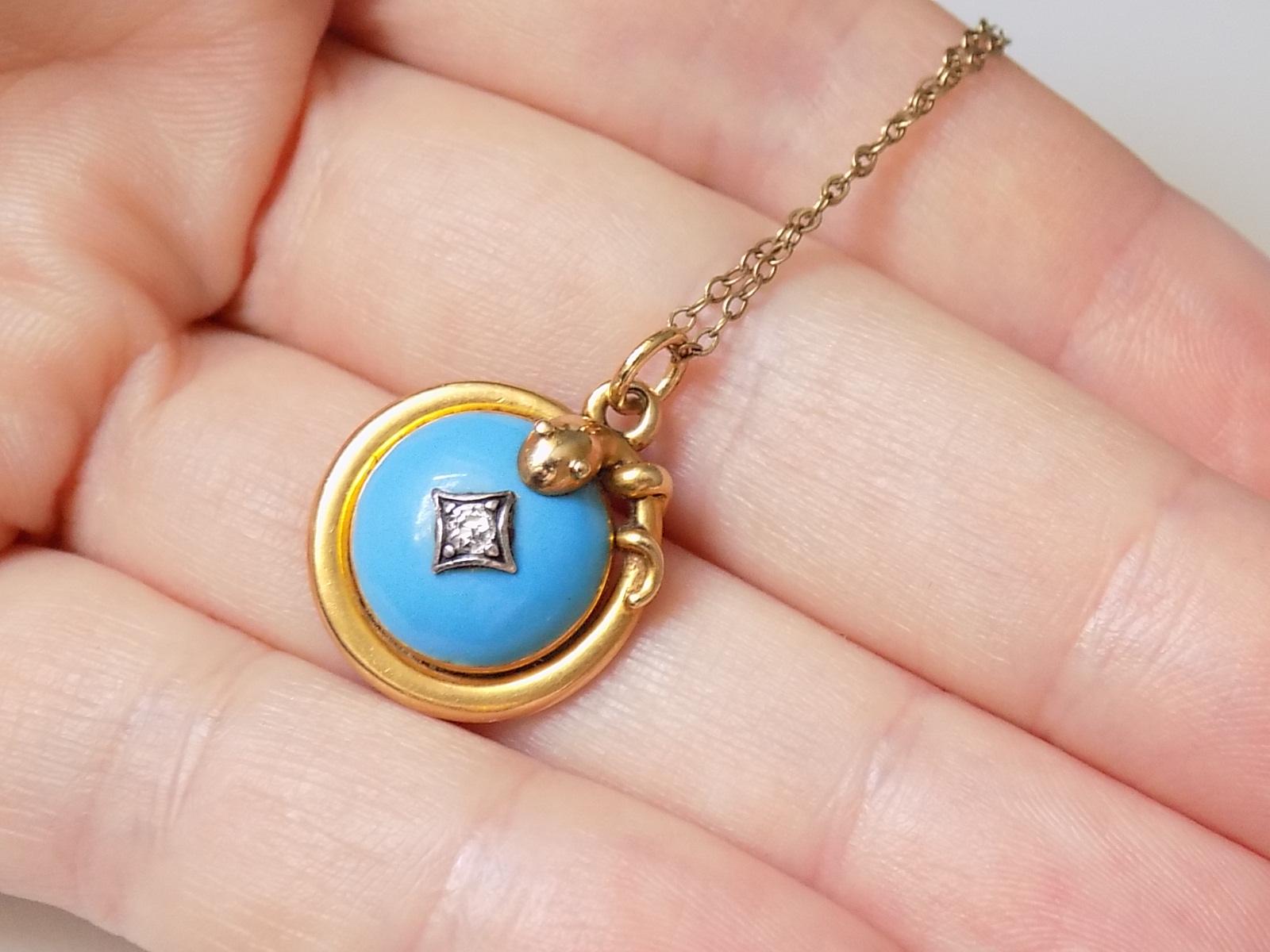 Victorian Turquoise Enamel Diamond Serpent Snake Locket Pendant Necklace 1