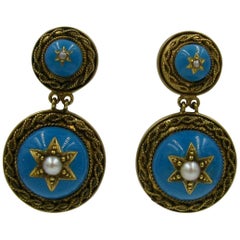 Victorian Turquoise Enamel Earrings Etruscan Revival Pearl 14 Karat Gold