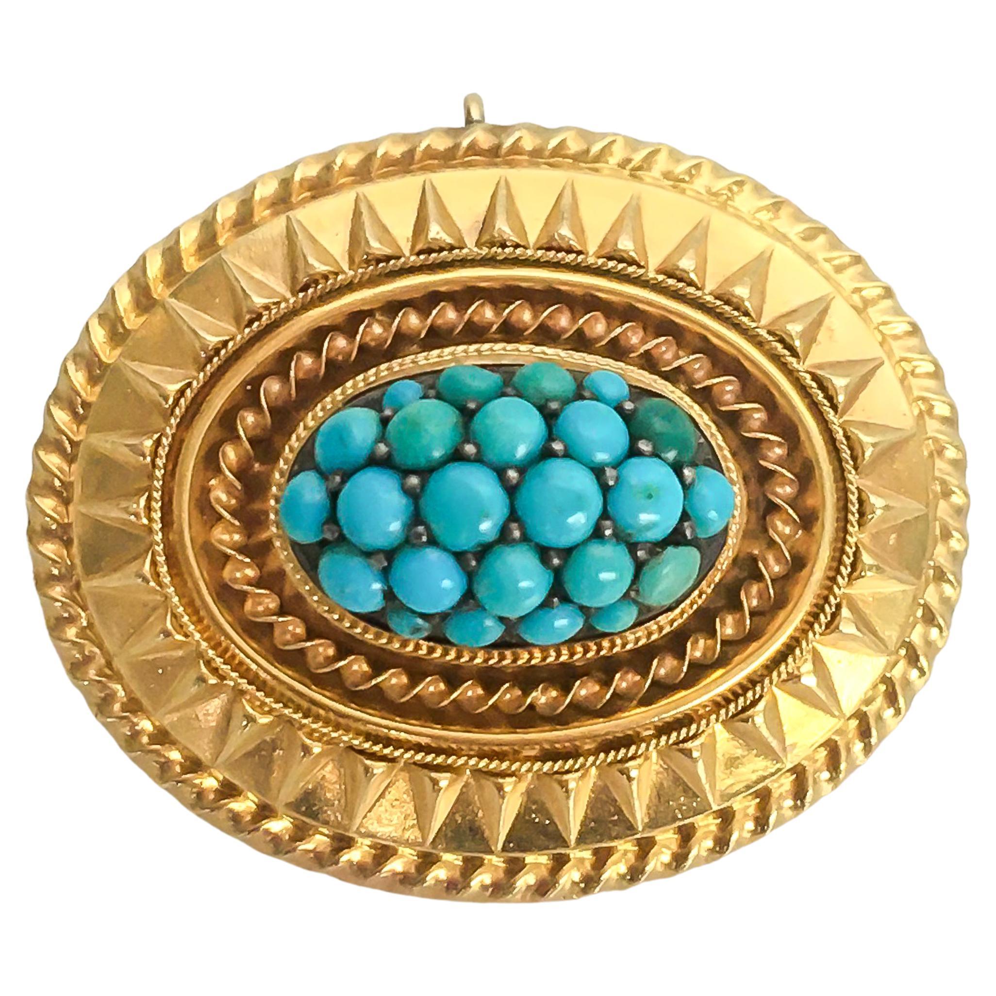 Vintage Bronze Filigree Metal Brooch With A Polished Blue Marbled Stone Centre